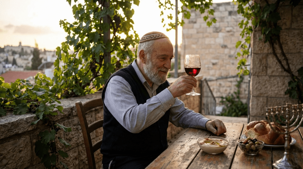 Elderly Jewish man in traditional attire toasting with wine at a table.