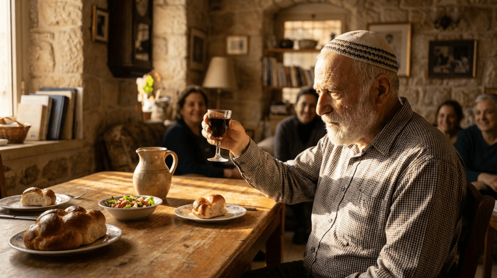 Elderly Jewish man in kippah sitting at table with wine.