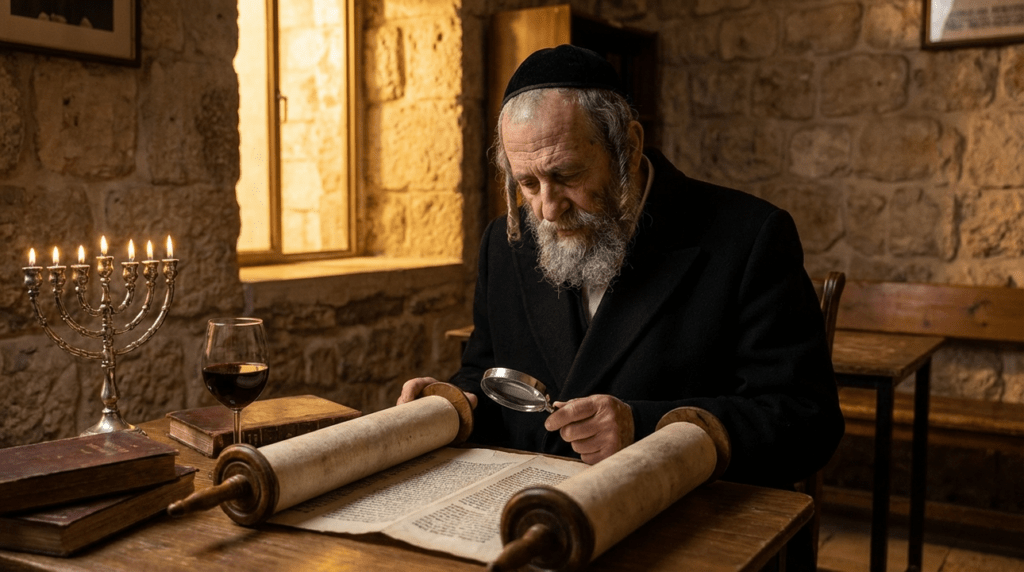 Elderly Jewish man reading Torah, menorah and wine on table.