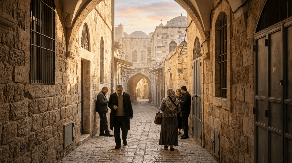 Early morning in Jerusalem with traditionally dressed locals on cobbled streets.