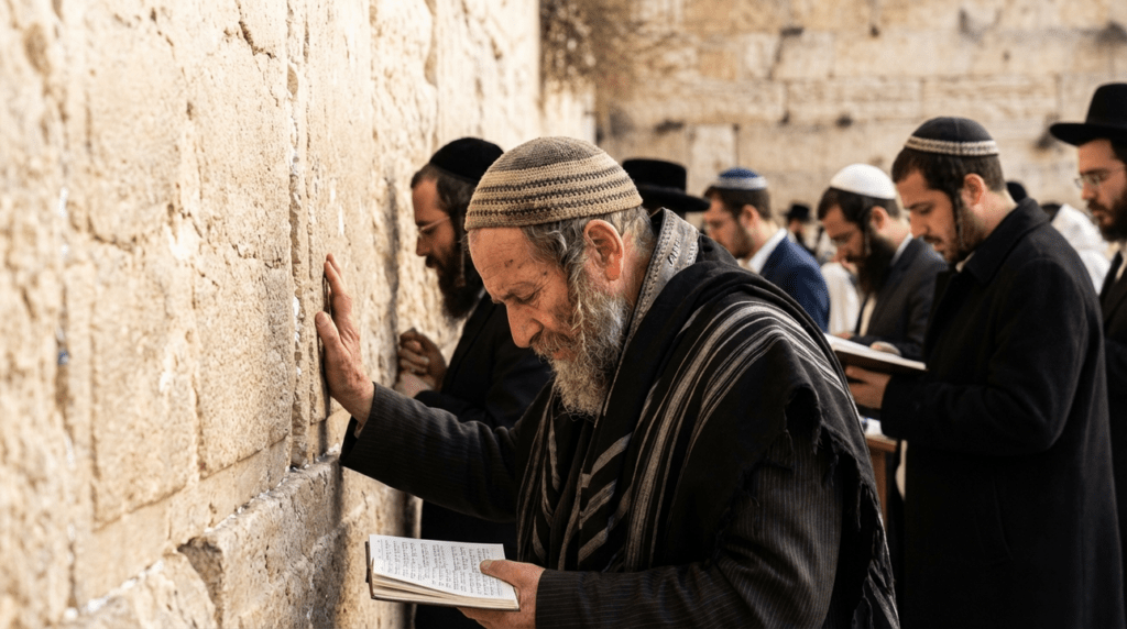 Elderly Jewish man reciting prayers at the Western Wall.