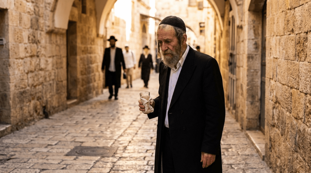 Elderly Jewish man holding a glass in ancient Jerusalem street.