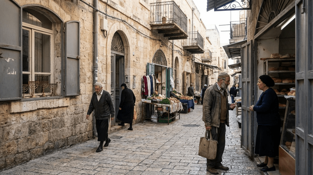 Jerusalem street in morning light with cobblestones and local residents.