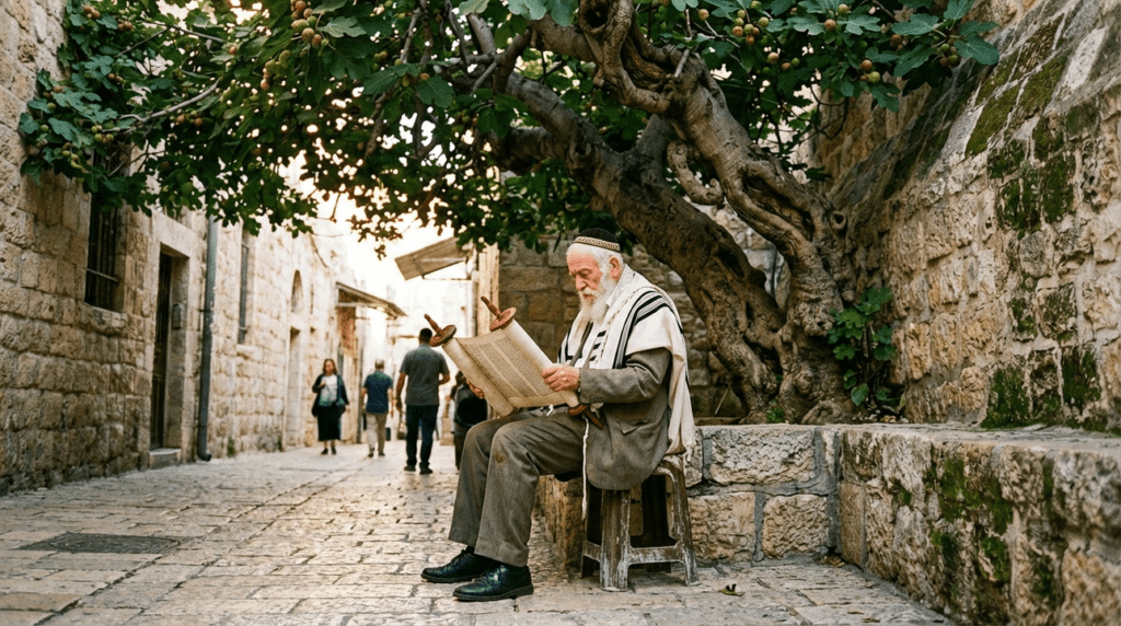 Elderly Jewish man reads Torah under fig tree in Jerusalem alley.