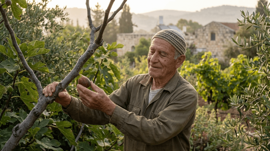 Elderly man in kippah tending fig tree in Israeli garden.