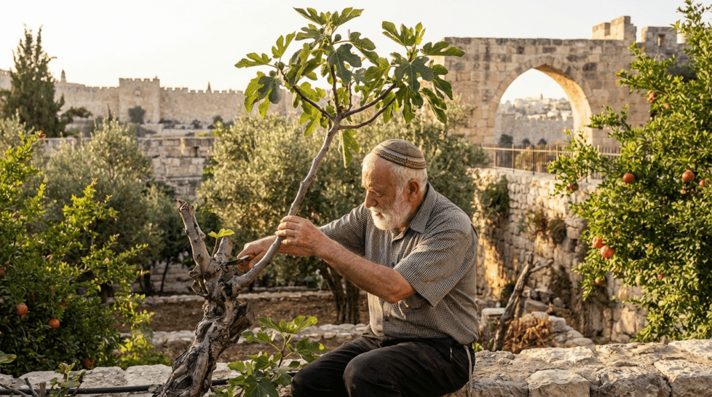 Elderly Jewish man in traditional attire tending a fig tree.