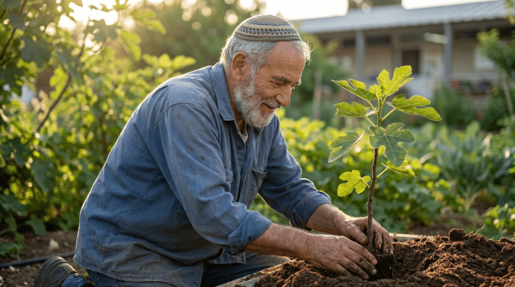Elderly Jewish man in kippah planting a fig tree.