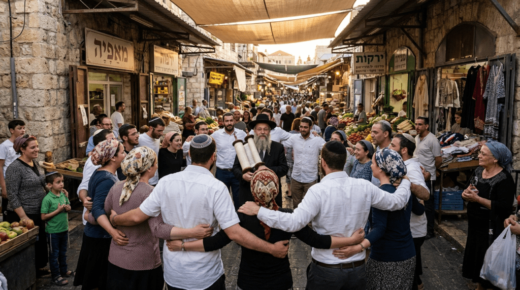 Group in Jerusalem market wearing kippahs and headscarves at dusk.