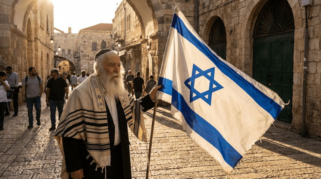 Elderly Jewish man in tallit in front of Israeli flag.