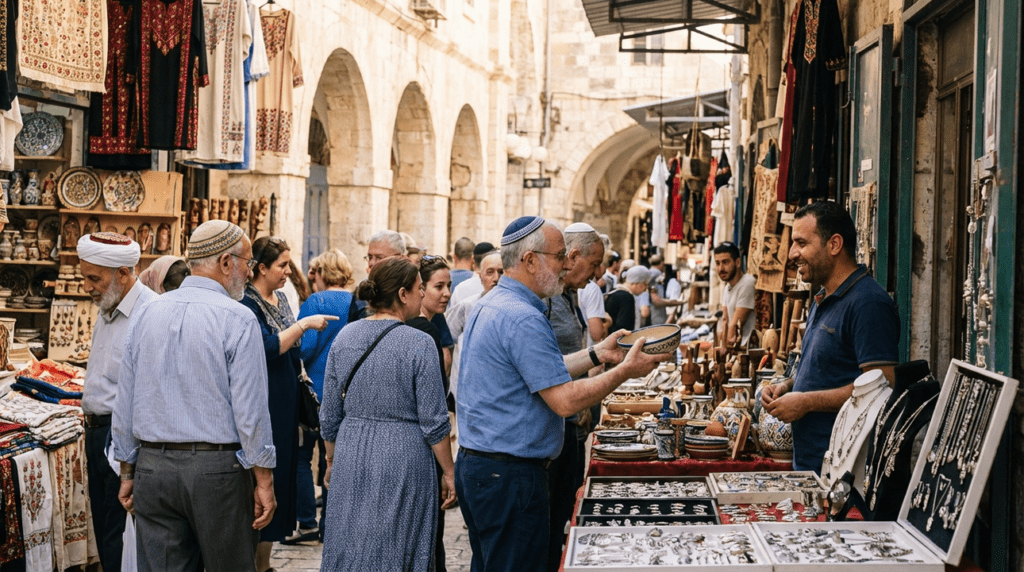 Israeli market scene with vendors, colorful crafts, and local buyers.
