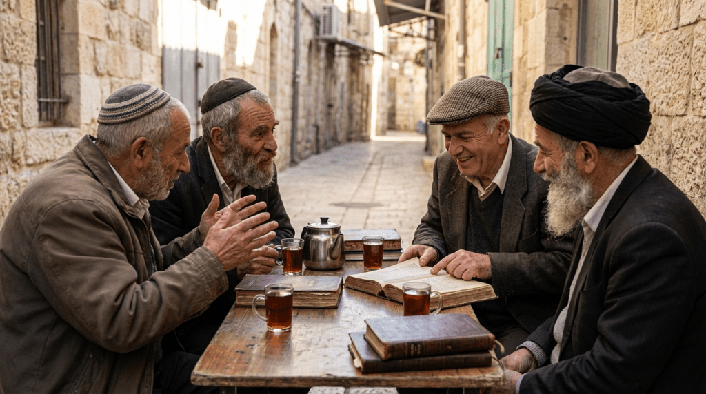 Elderly Israeli men with kipas and turbans discussing around a table.