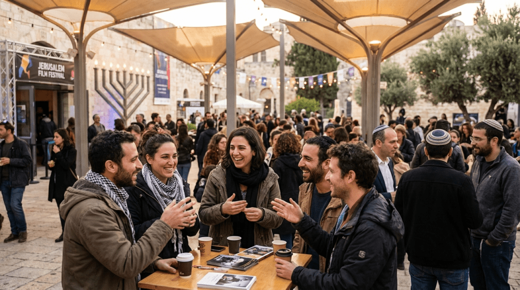 Israeli artists discussing at Jerusalem Film Festival, menorah and kippas visible.
