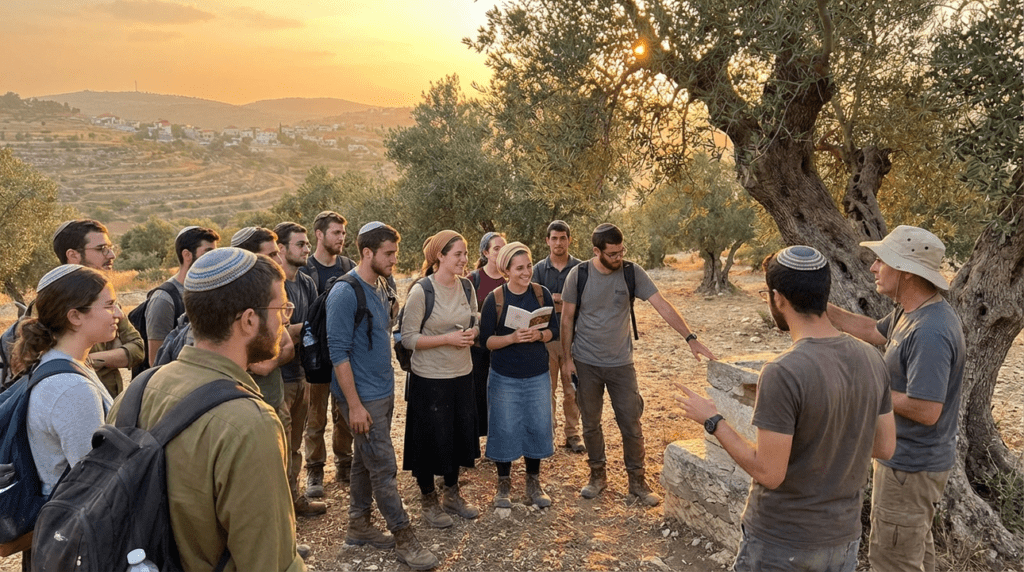 Young Jewish adults explore an olive grove in Israel at sunset.