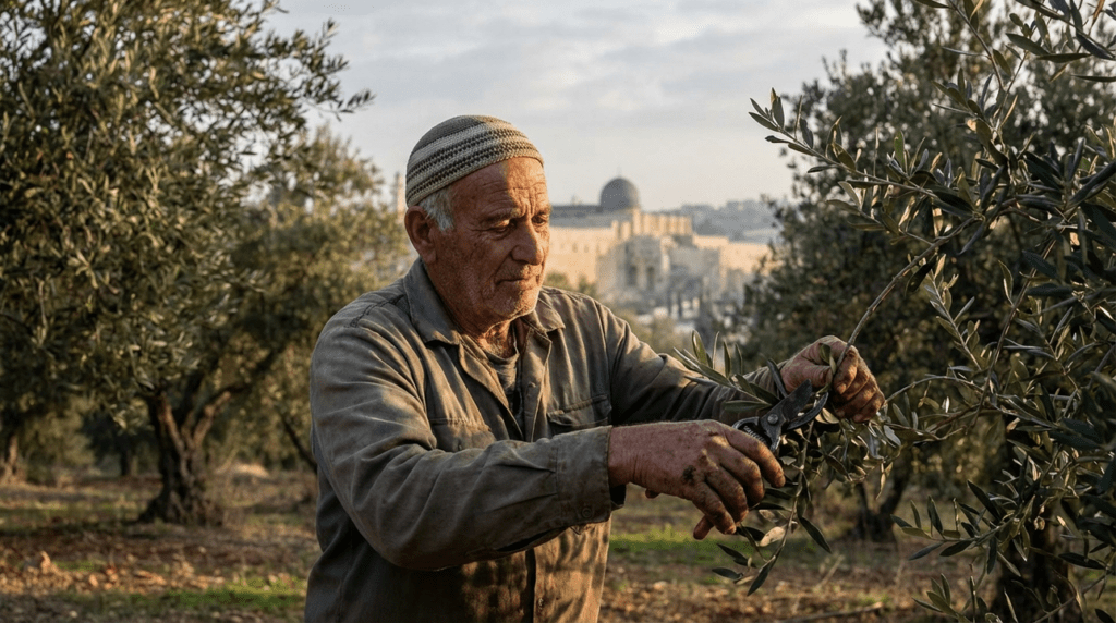 Elderly man in kippah tending olive trees near Jerusalem walls.