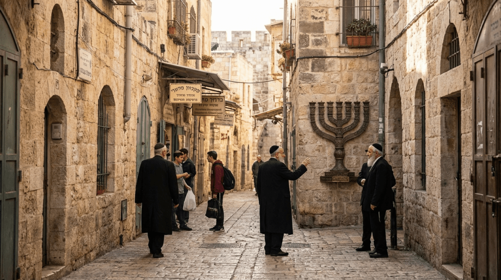 Narrow street in Jerusalem with menorah and people wearing kipas.