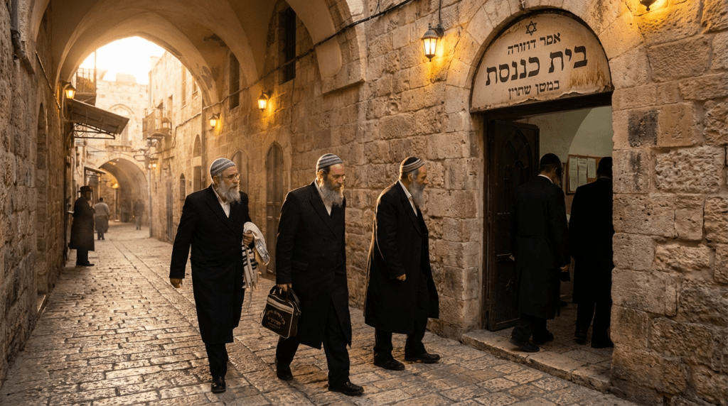 Men in traditional Jewish attire walking in narrow Jerusalem street.