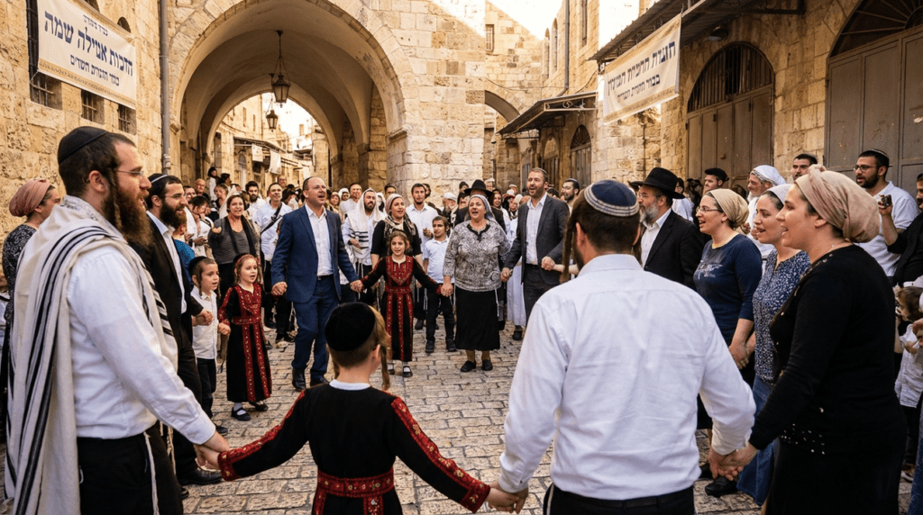 Joyous individuals in traditional attire dancing in a Jerusalem alley.