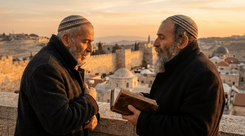 Elderly Jewish man with kippah, praying on balcony over Jerusalem.