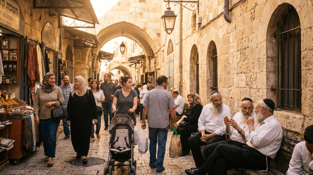 Diverse people walking in sunlit Jerusalem alley with hanging lanterns.