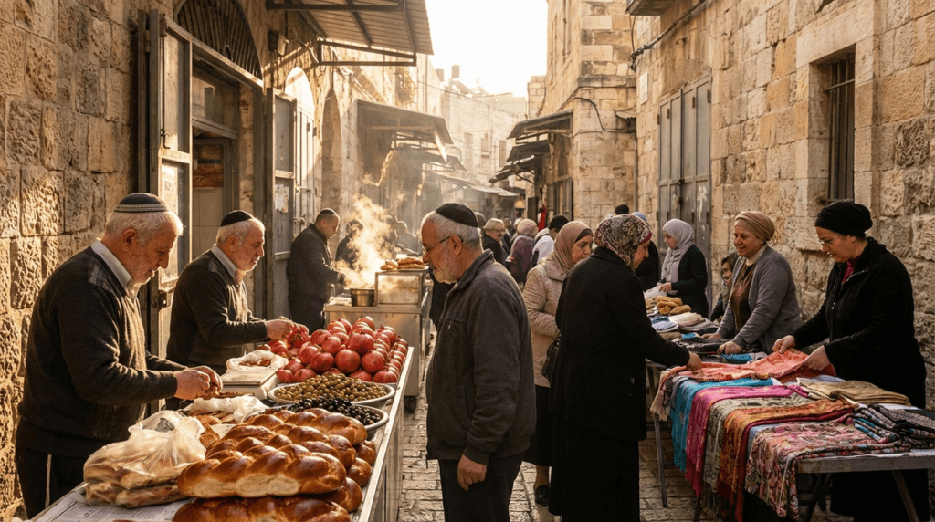 Vendors and customers at Jerusalem market during early morning setup.