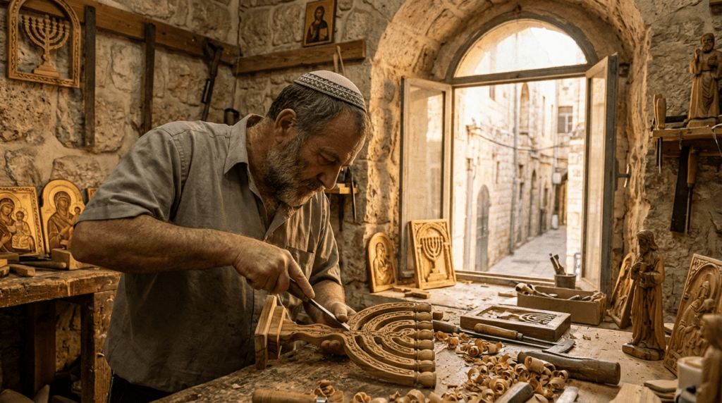 Jewish craftsman in Jerusalem carving wood in his stone-walled workshop.