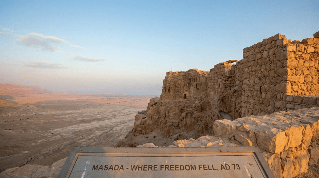 Sunrise at Masada showing ruins, rugged walls, and desert landscape.