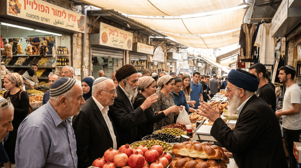 Early morning market scene in Jerusalem with diverse shoppers and stalls.