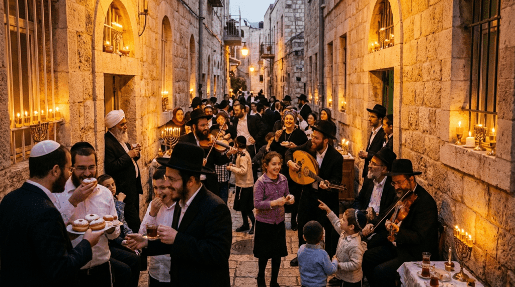 Residents celebrating Hanukkah in a stone alley with menorahs.