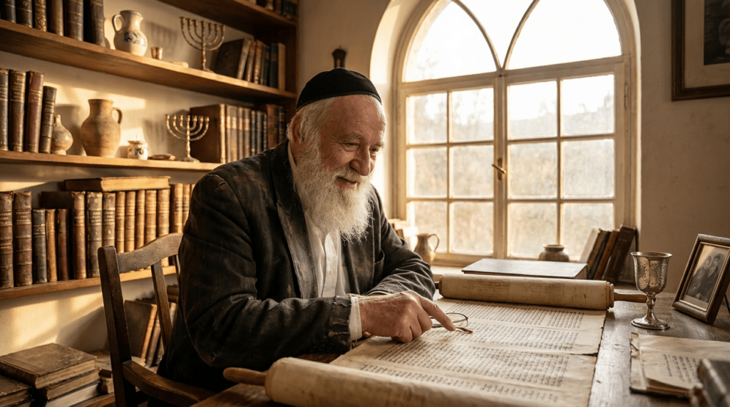 Elderly Jewish man in traditional attire studying Hebrew scriptures by window.