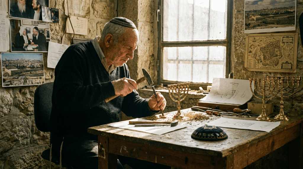 Elderly craftsman making menorahs in a sunlit Jerusalem workshop.