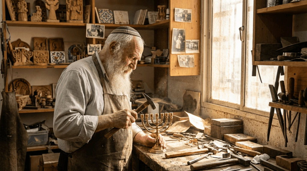 Elderly Jewish artisan crafting a Menorah in a cluttered workshop.