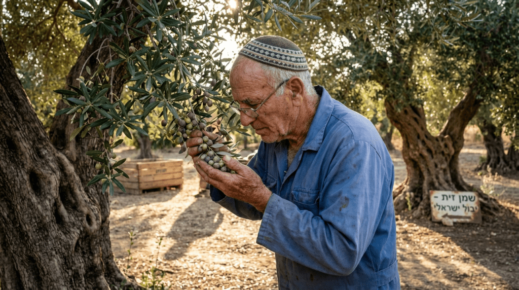 Elderly Israeli farmer inspecting olives in a sunlit grove.