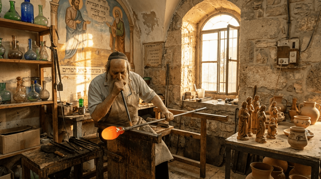 Jewish glassblower shapes molten glass in a traditional Hebron workshop.