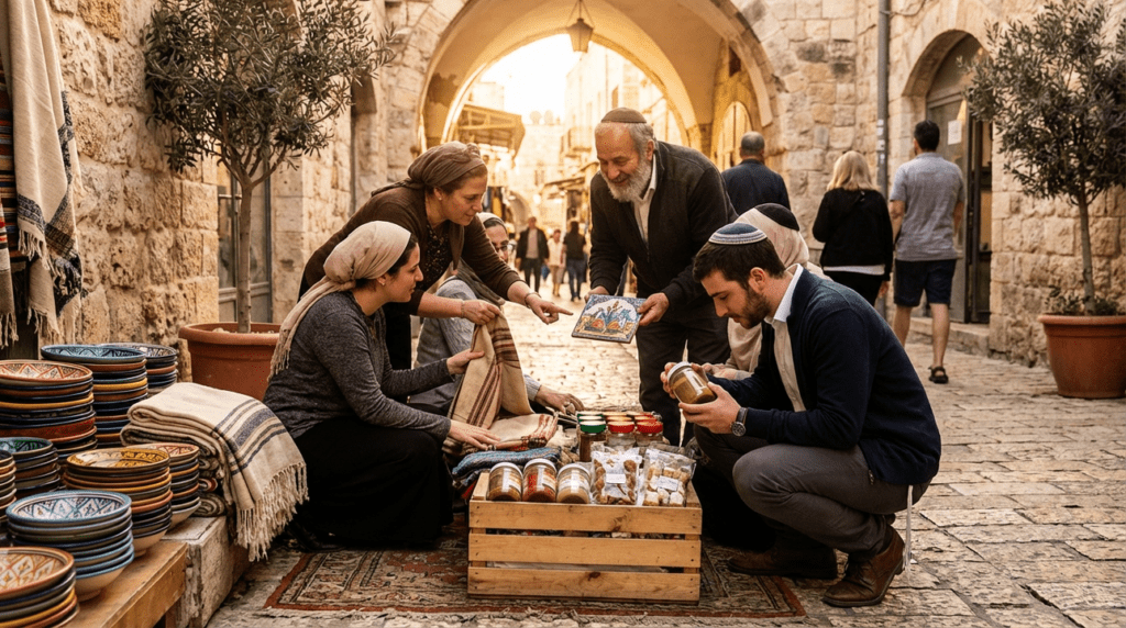 People in Jerusalem street examining Israeli artisan products from a box.