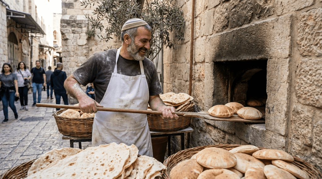 Baker in Jerusalem removes pita from oven in cobblestone alley.