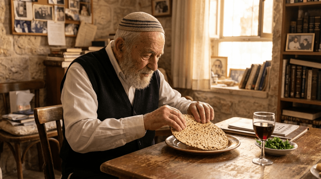Elderly Jewish man placing matzah on plate, surrounded by Passover items.
