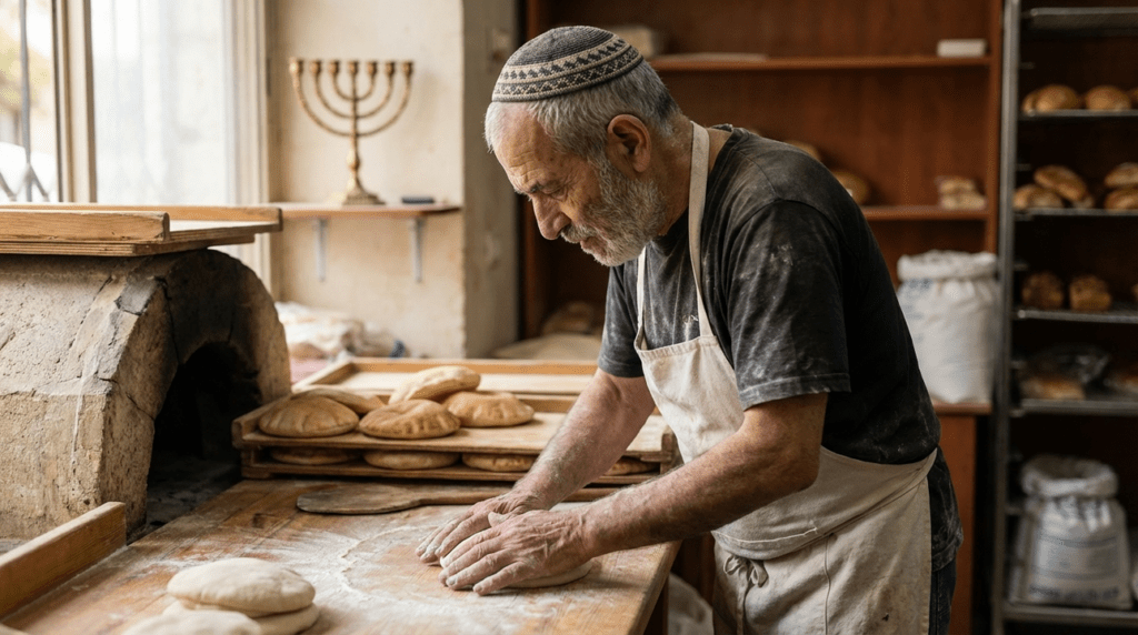 Elderly Jewish baker in Jerusalem making pita bread in bakery.
