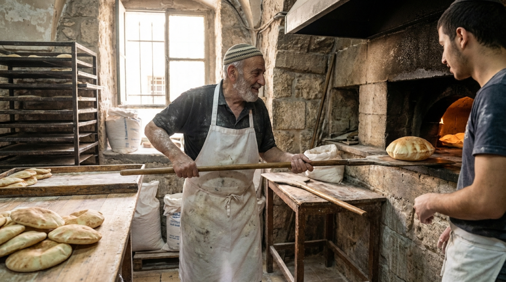 Elderly Jewish baker removing pita bread from oven in Jerusalem.