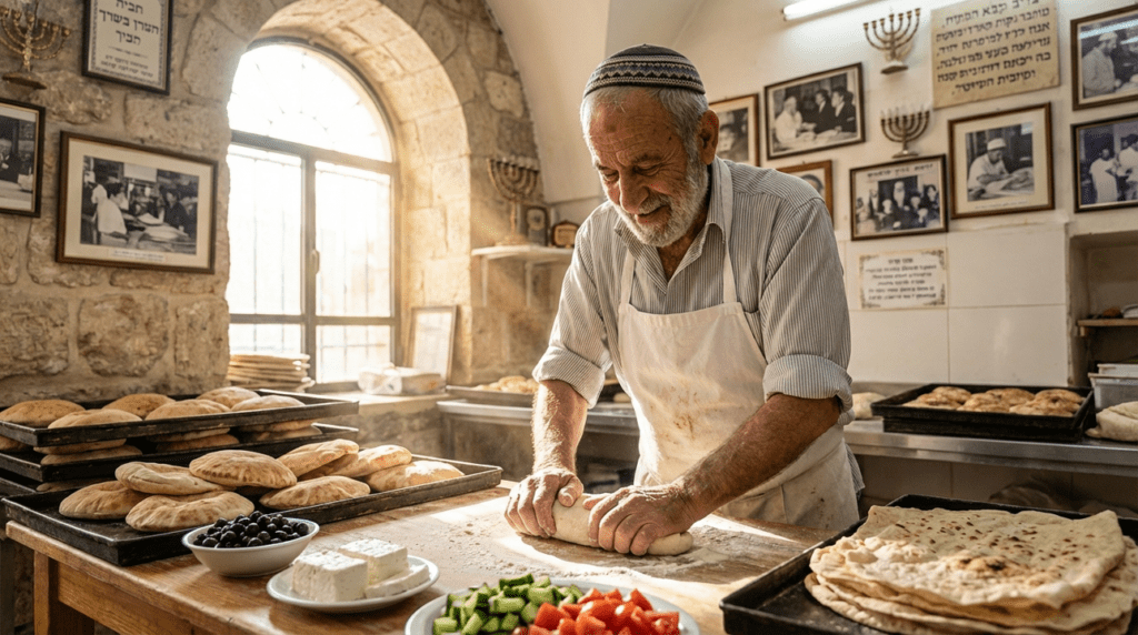 Elderly Jewish baker prepares bread in a traditional Jerusalem bakery.