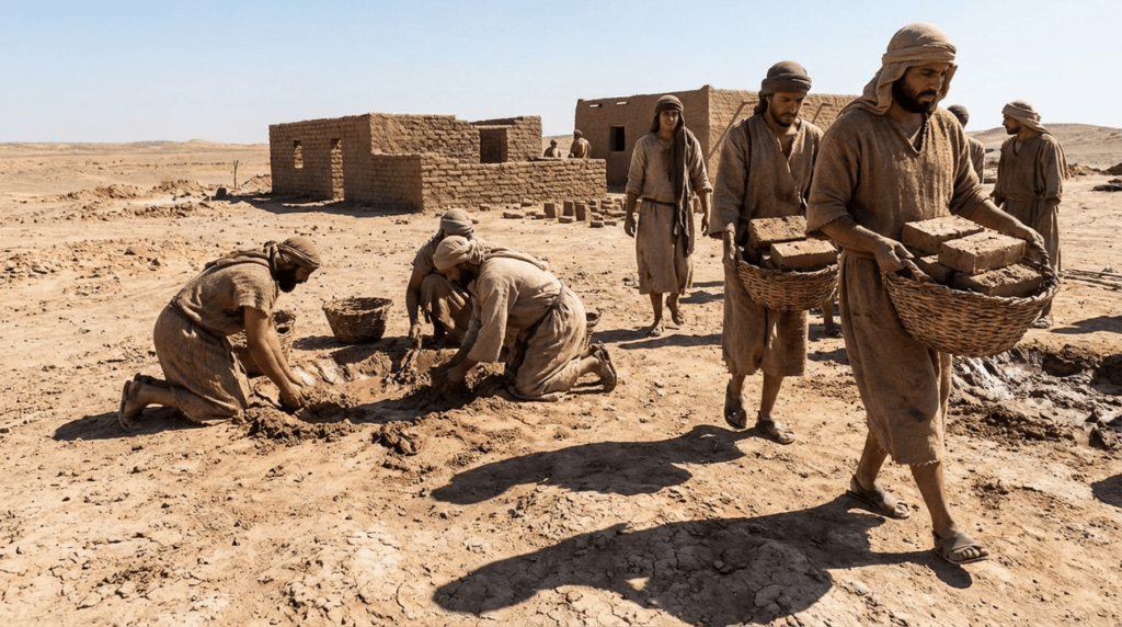Hebrew individuals making bricks and carrying loads in a desert.