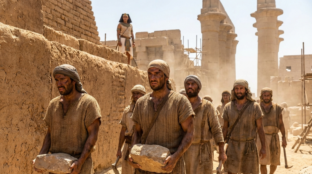 Hebrew workers labor under harsh sun near Egyptian architecture.