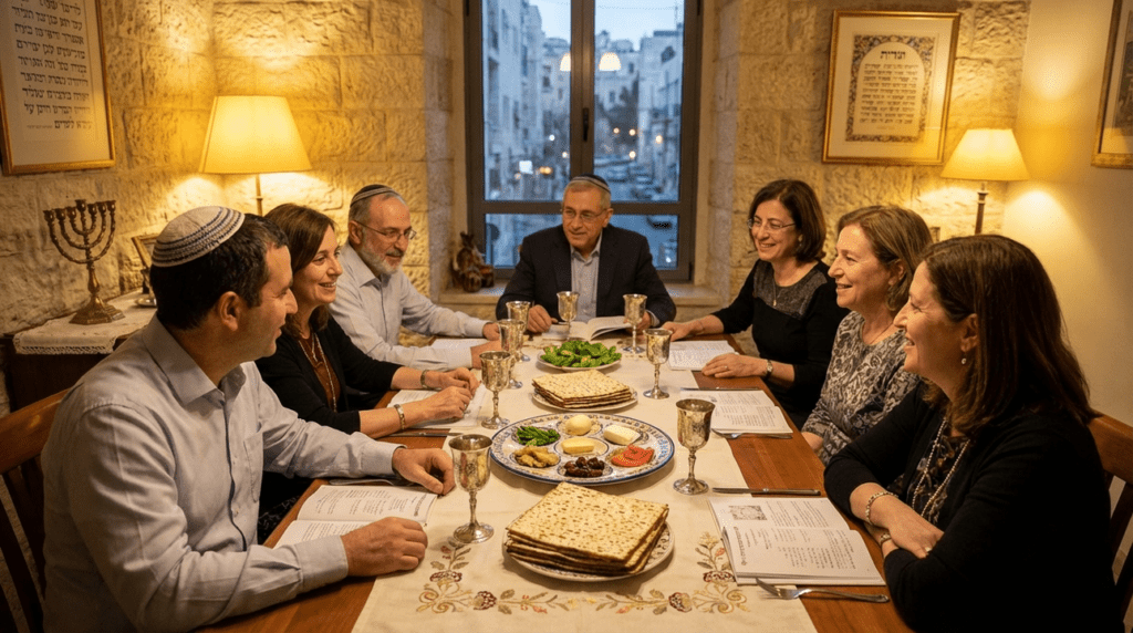 Family gathered for Passover Seder with traditional items in Jerusalem.
