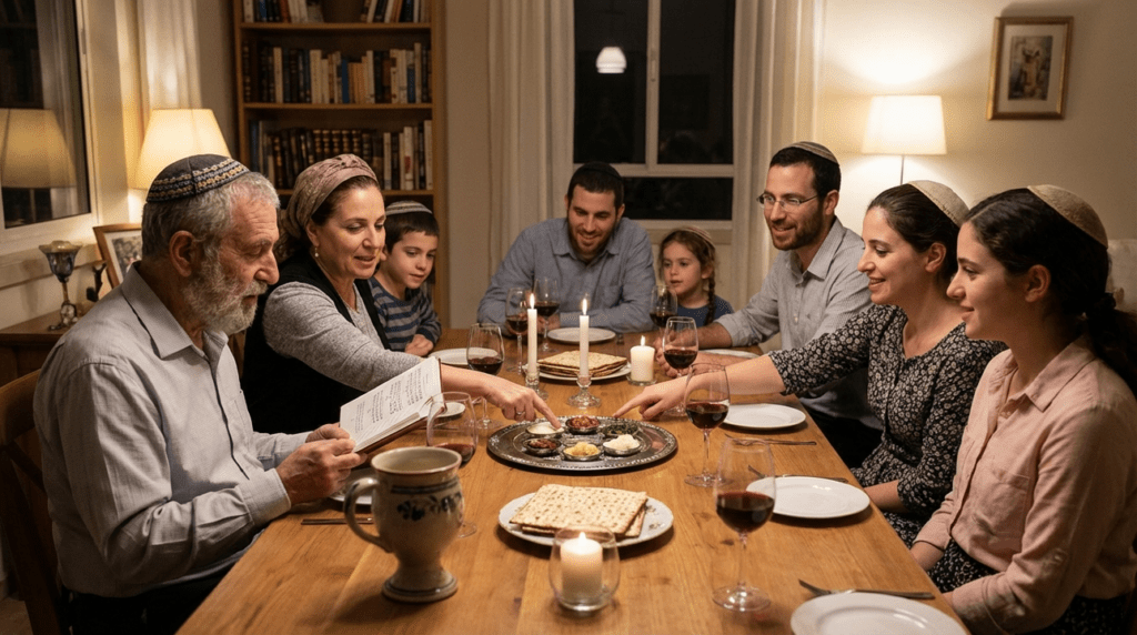 Family gathered around a Seder table during Passover, reading Haggadah.
