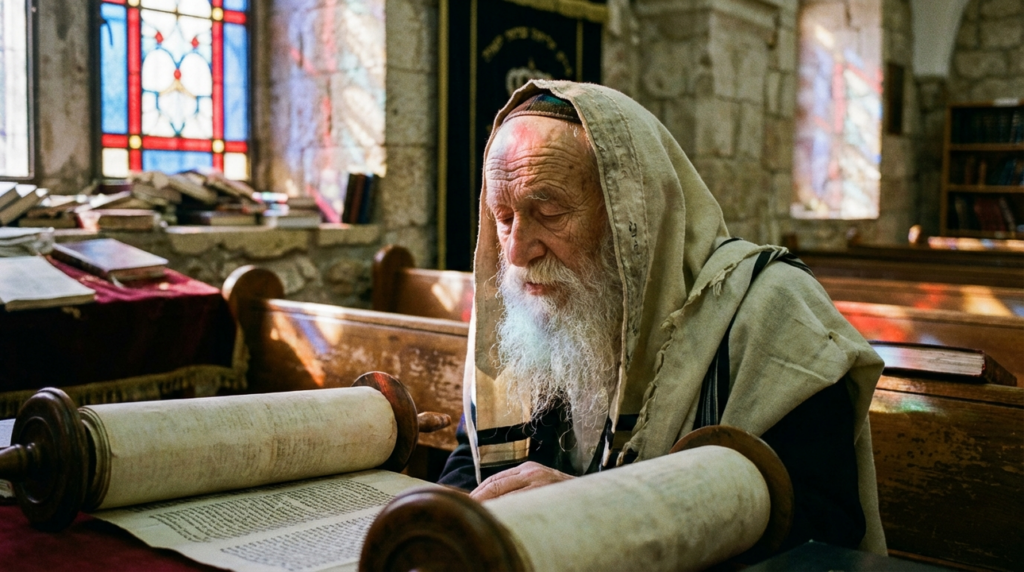 Elderly Jewish man reads Torah in a dim, traditional synagogue.