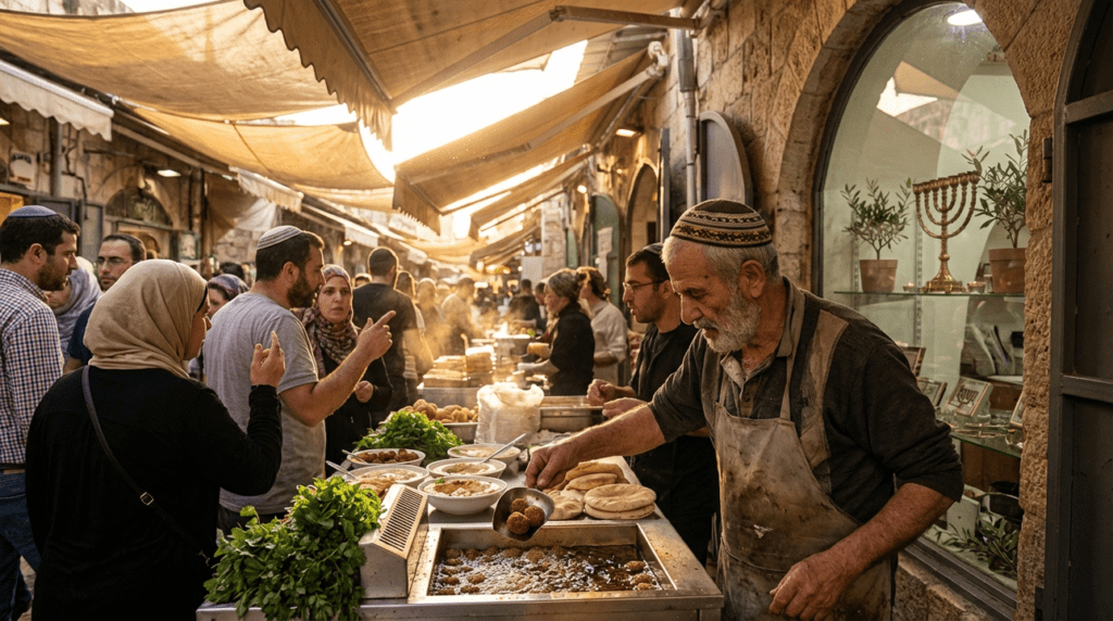 Elderly Jewish man in kippah making falafel in Jerusalem market.