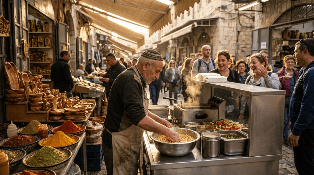 Elderly Israeli man making falafel in a lively Jerusalem market.