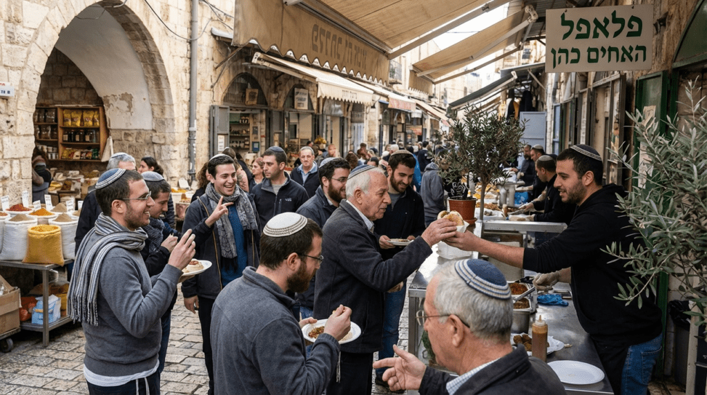Diverse group enjoys falafel in Jerusalem's bustling market street.