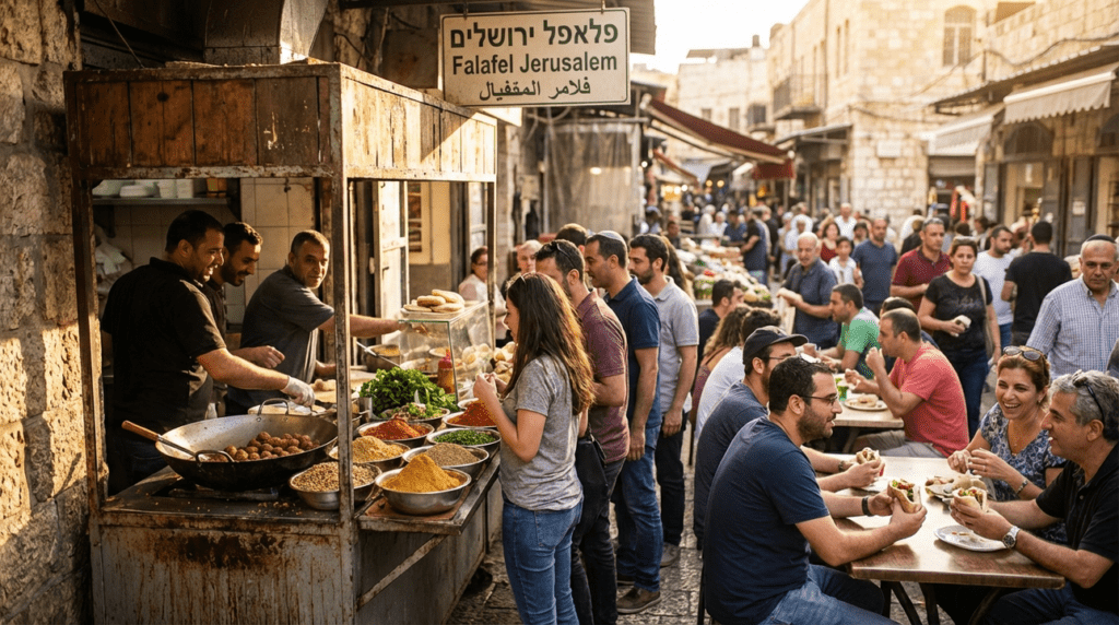 Israeli market scene with a traditional falafel stand and diverse crowd.
