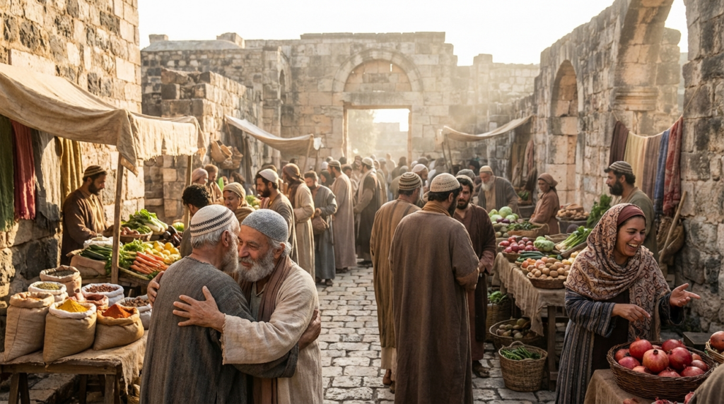 Morning market scene in Capernaum with locals trading in traditional attire.