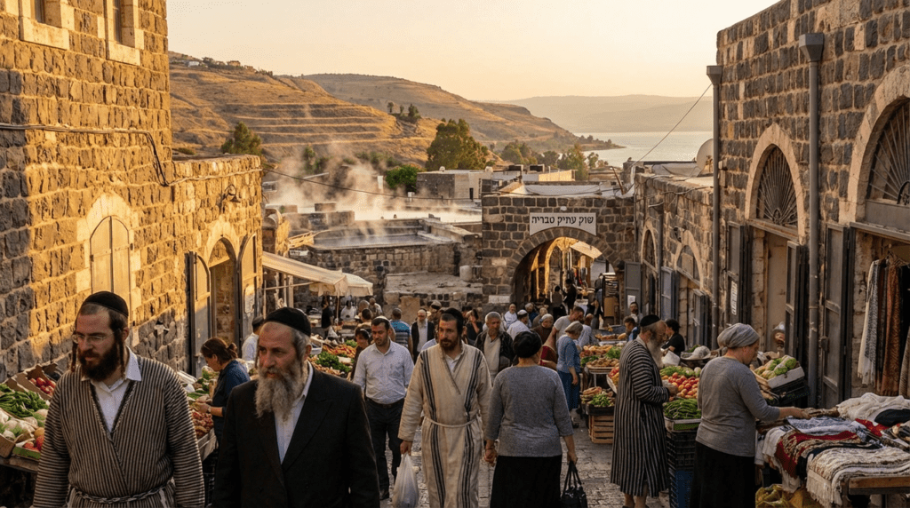 Evening market scene in Tiberias with residents and cultural attire.